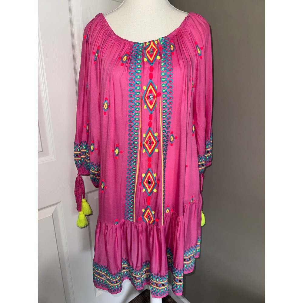 Pranella Embroidered Tunic Dress Women O/S Pink Boho Tassel Whimsical Resort